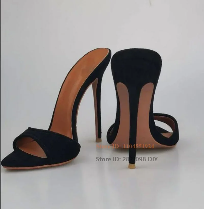 스웨이드 가죽 스틸레토 힐 슬리퍼 여성 지적 오픈 발가락 뮬 한 벨트 스트랩 얇은 뒤꿈치 슬립 온 샌들 섹시한 드레스 신발