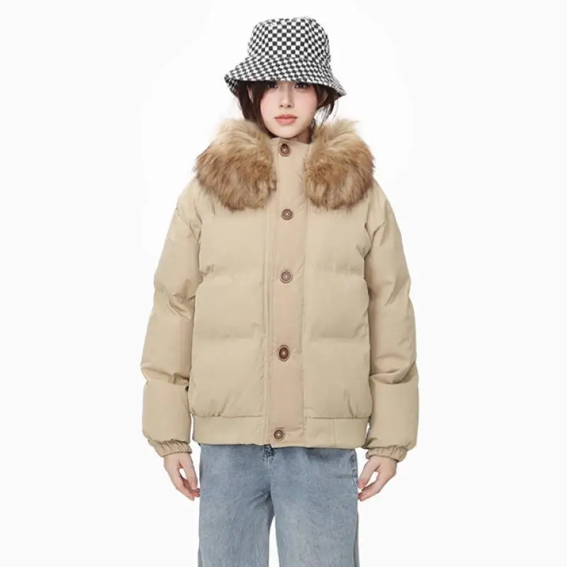 

Студенческий пуховик для девочек, куртка на хлопковой подкладке, утепленная осенне-зимняя женская куртка-пуховик с меховым воротником в стиле ретро, теплое пальто