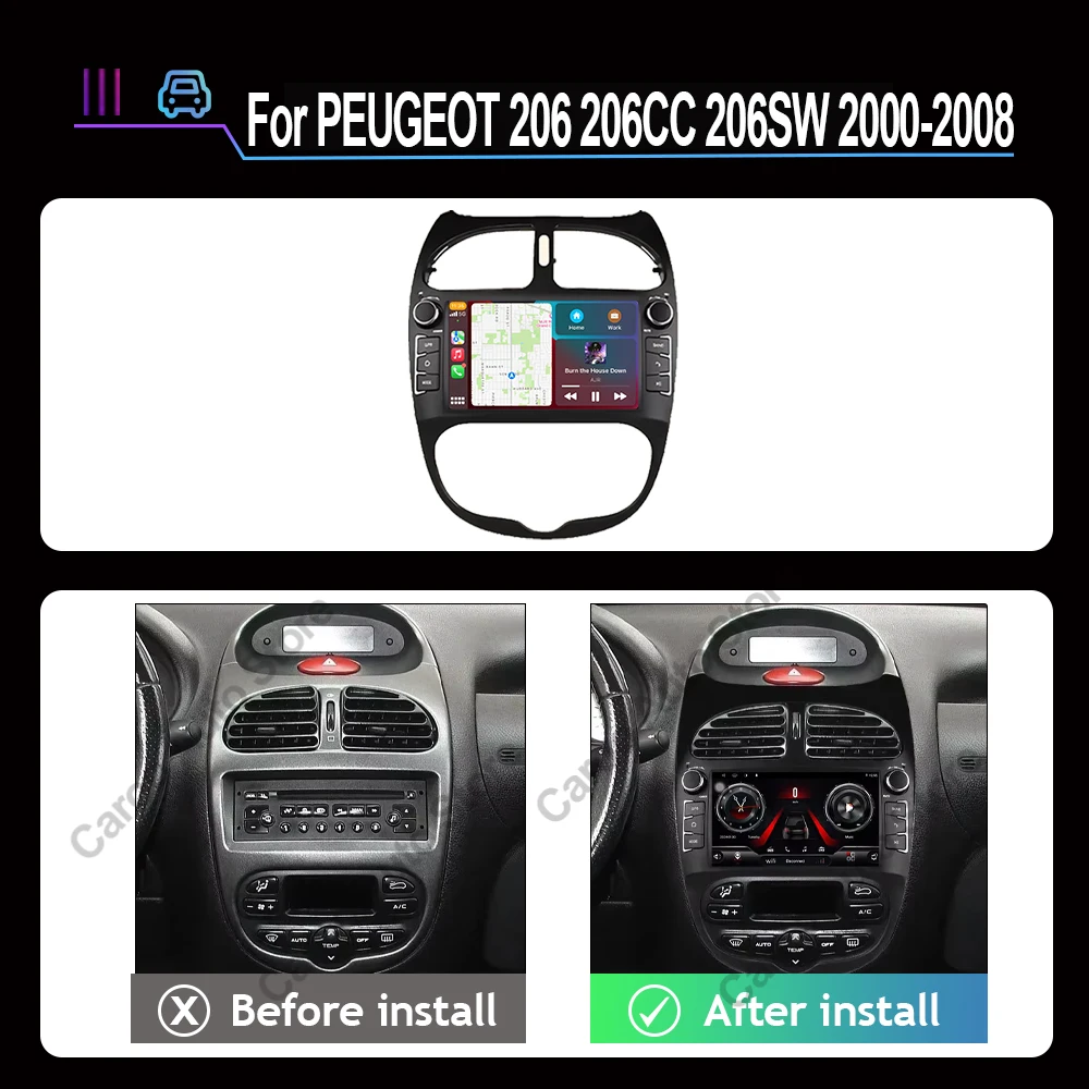 Android15 For PEUGEOT 206 206CC 206SW 2000-2005 2006 2007 2008 Car Radio Multimedia Player Navigation Stereo Wireless Carplay BT