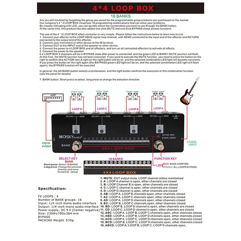 MOSKY Gitarreneffektpedal für E-Gitarrenbass – 4 x 4 LOOP BOX-Effektcontroller mit 16 Programmieroptionen – N33R