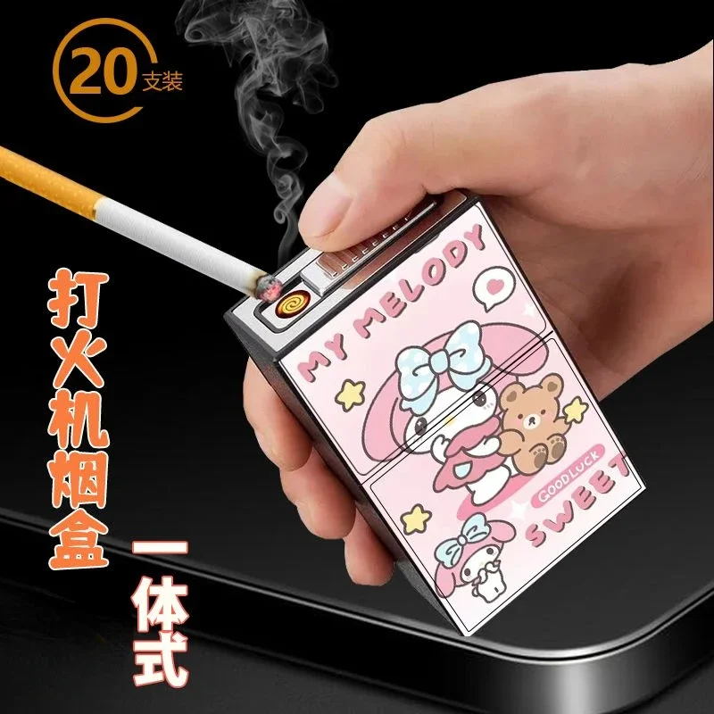 

Cinnamoroll Kuromi Hello kitty Pompom Purin My melody sweet cartoon rechargeable windproof lighter cigarette case all-in-one