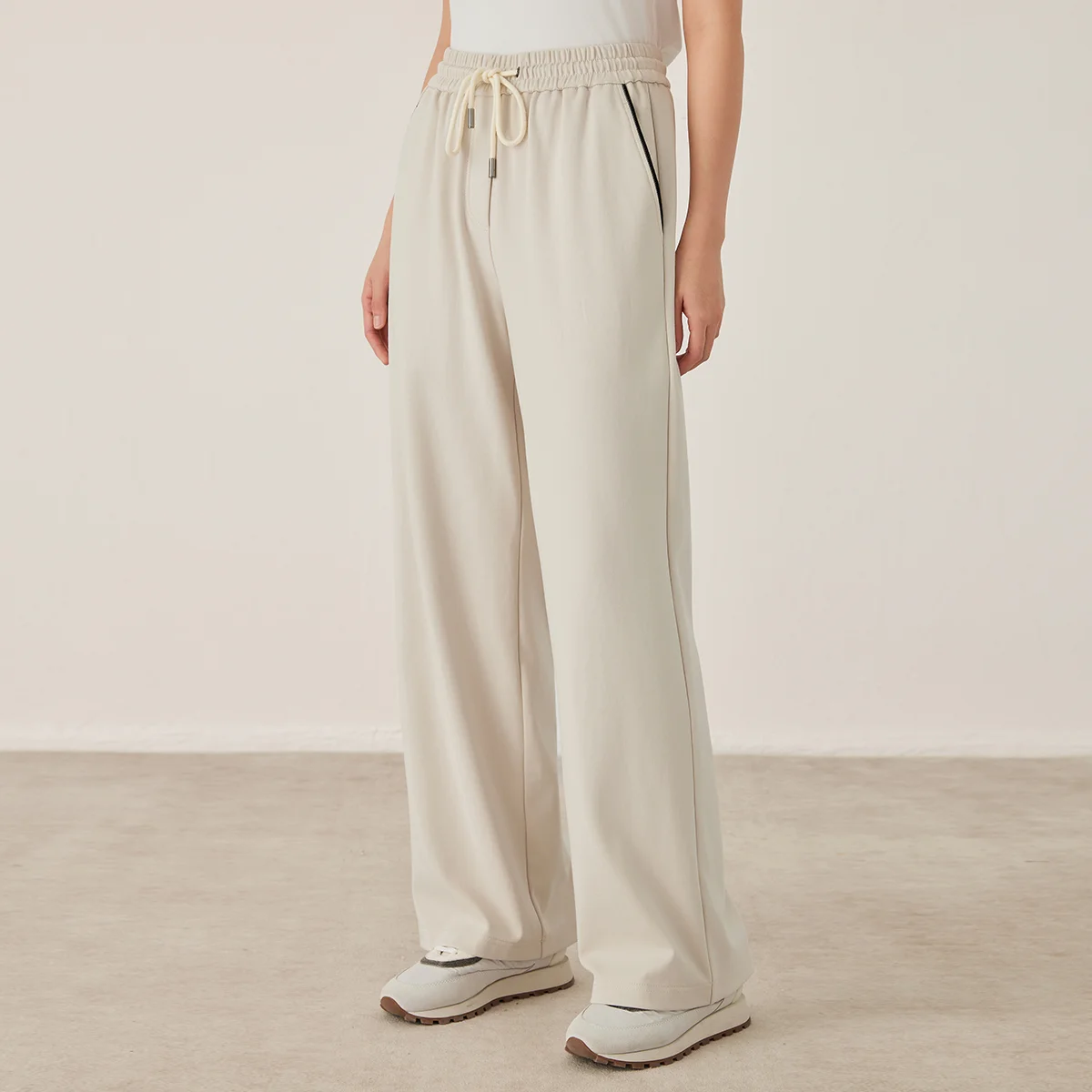 KW7523321 Pantaloni da donna in misto cotone a gamba larga con coulisse in vita elastica con tasche laterali