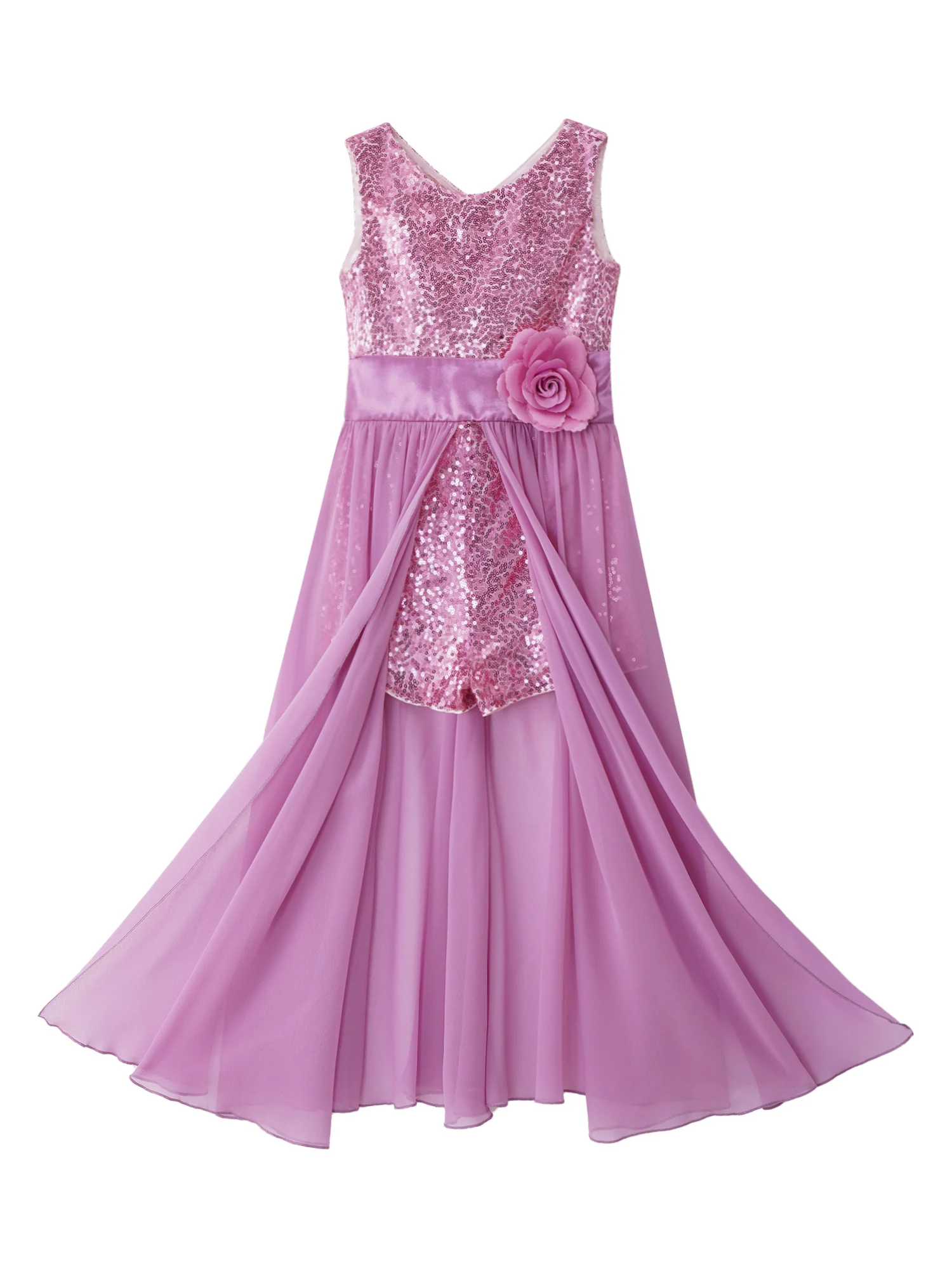 Mädchen Pailletten Chiffon-Kleid Prinzessin High-Low Schaukel Chiffon Umsäumte Overall Dancewear Ballett Lyrical Ballsaal Tanzen Kostüme