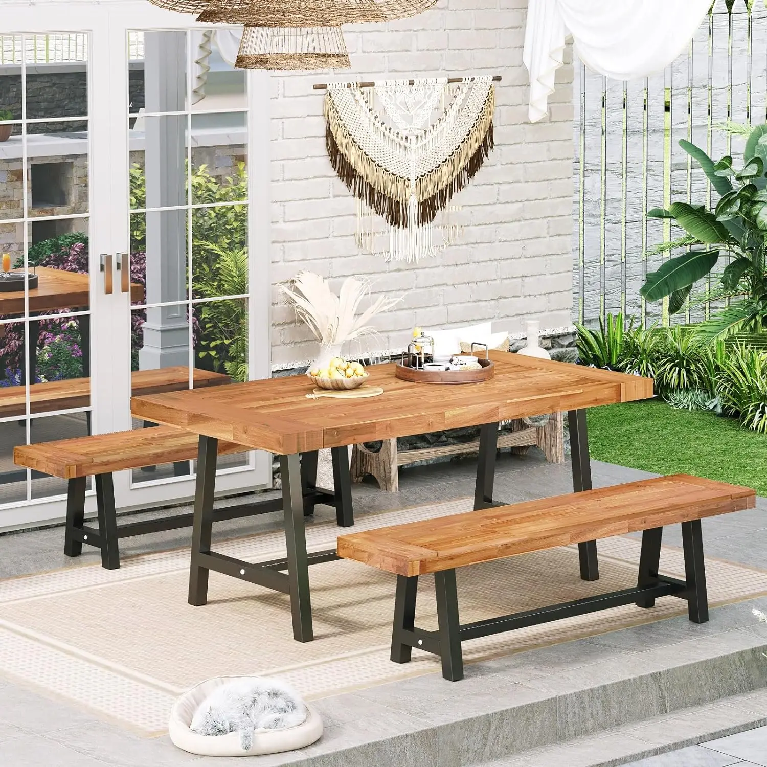 

Outdoor Bench Garden Bench Wood 63", Patio Dining Bench Weatherproof, Wooden Park Front Porch Benches