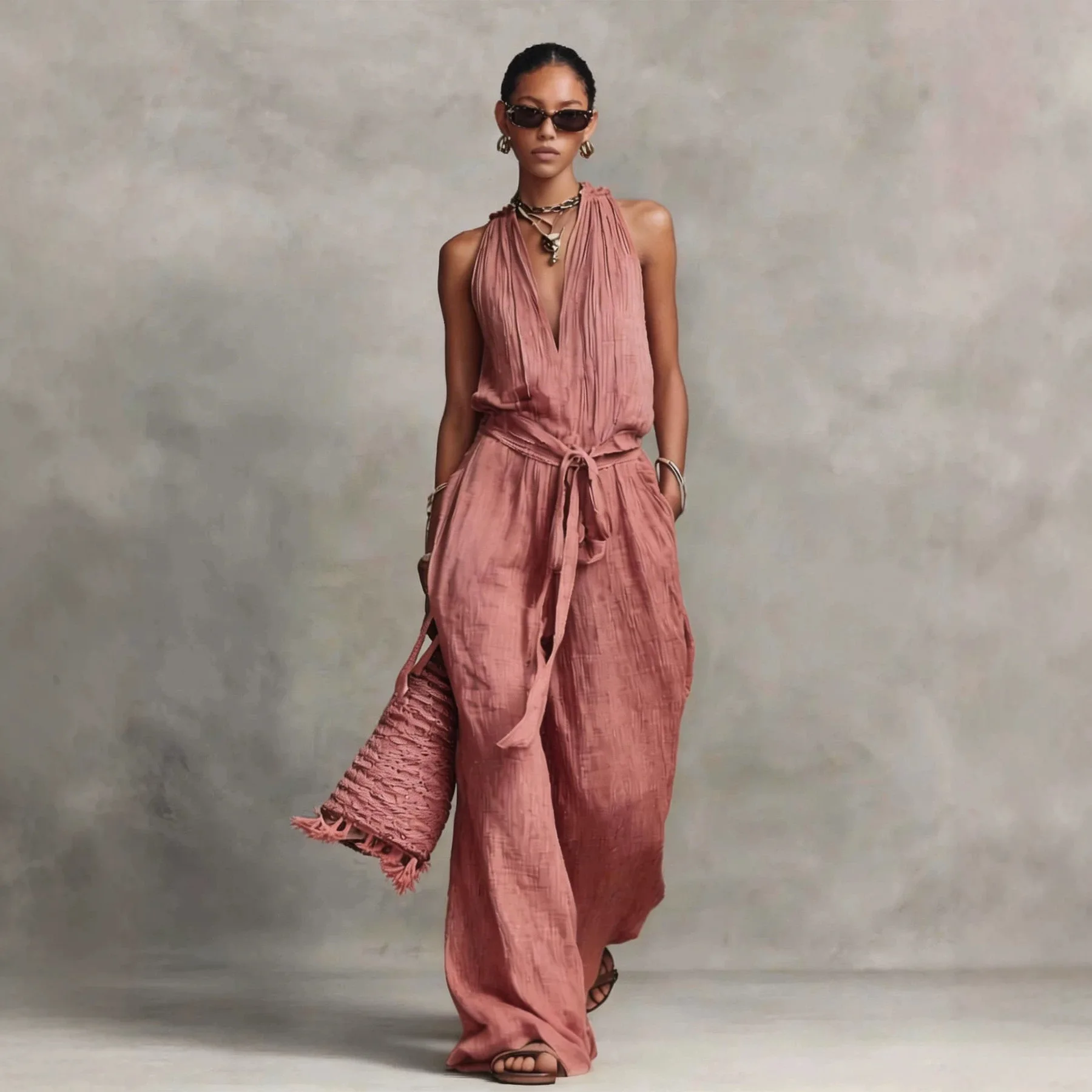 Gaun Musim Panas Wanita Linen Tanpa Lengan, Kerah Gantung, Tanpa Punggung, Tali Serut, Jumpsuit Liburan, Warna Solid, Kasual, Longgar