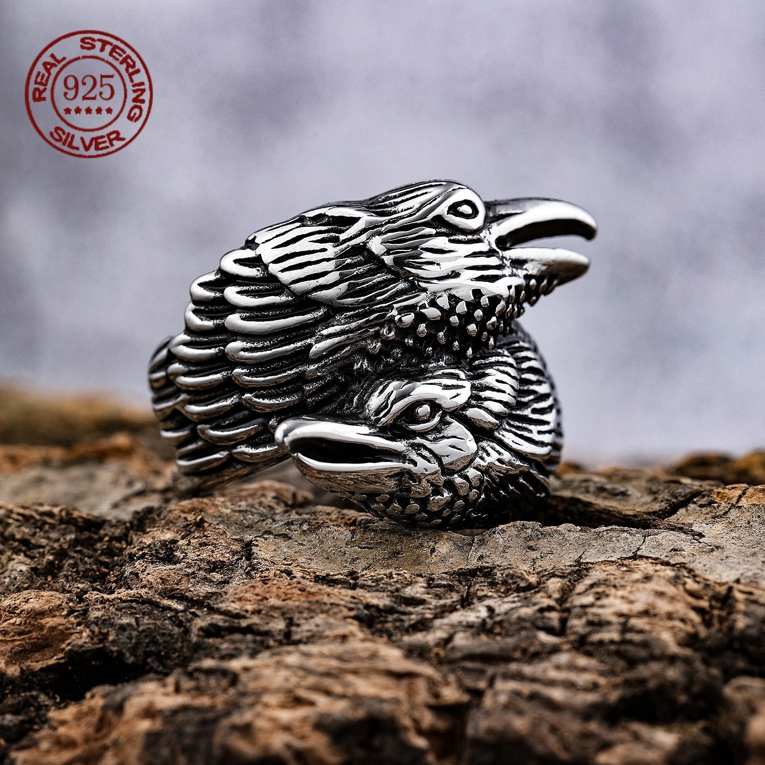 Double Eagle Head Winding Ring Norse Mythology Silver Color Odin Crow S925 Sterling Silver  Rings Nordic Amulet Jewelry Gift