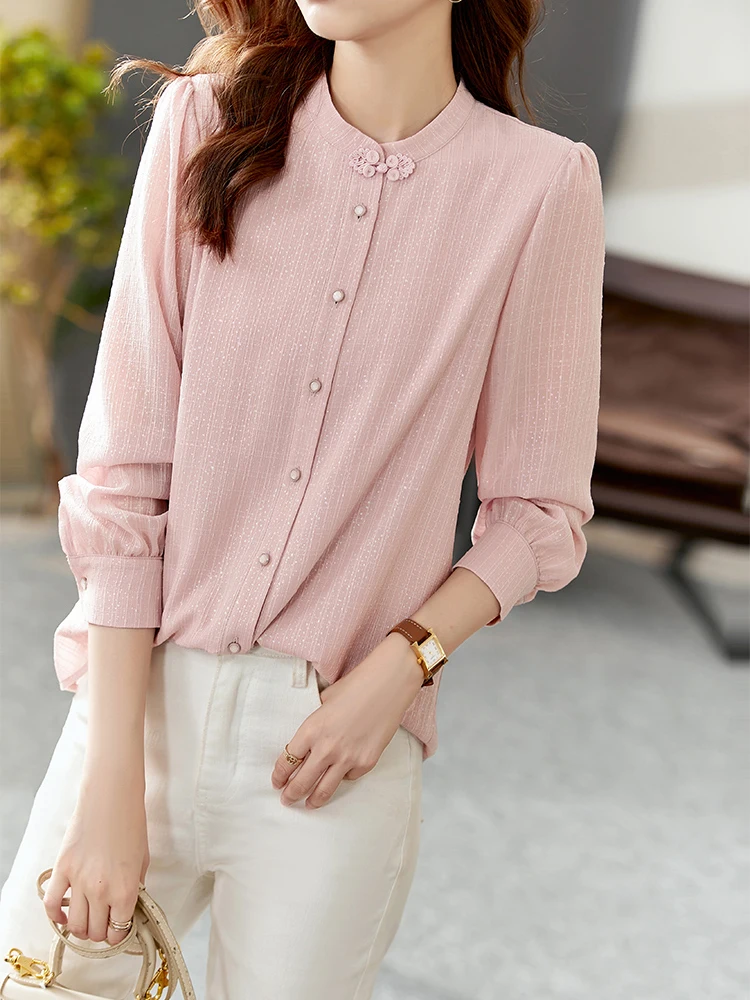 Vimly Chiffon Blouse Women 2022 Autumn New Fashion Elegant Classic Button Design Lantern Long Sleeve Tops Female Clothing V5958