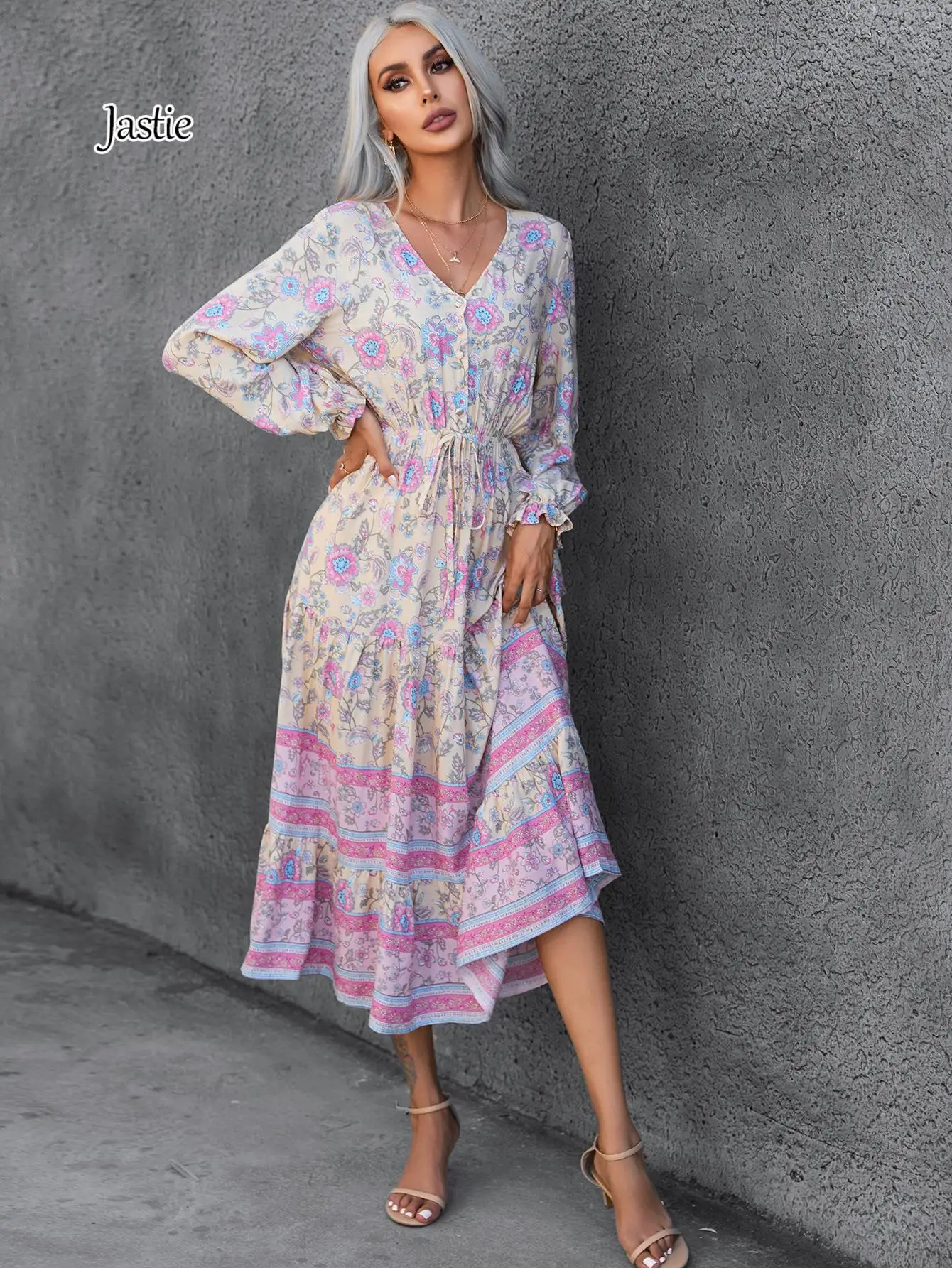 

Jastie 2024 Bohemian Casual Vacation Dresses For Women V-neck Long Sleeve Spring Floral Printed Large Swing Beach Dress