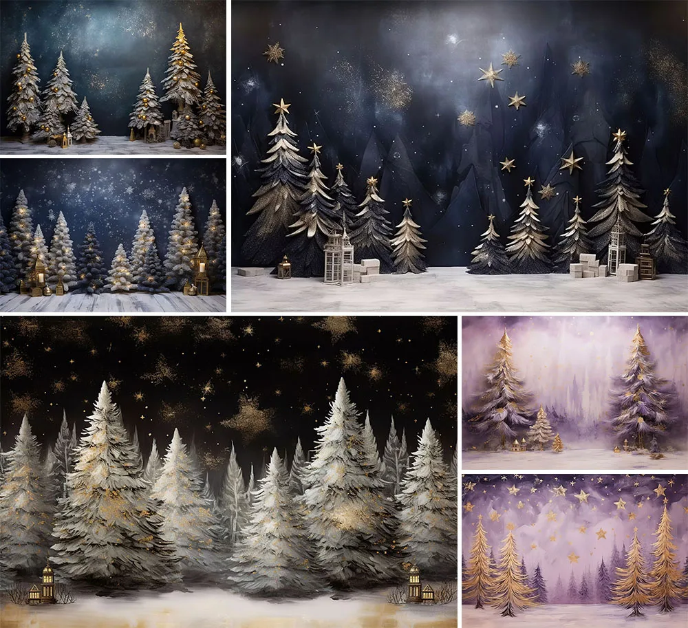 

Mehofond Winter Art Purple Pine Trees Background Christmas Star Gold Shiny Photobooth Oil Painting Studio Photography Backdrop