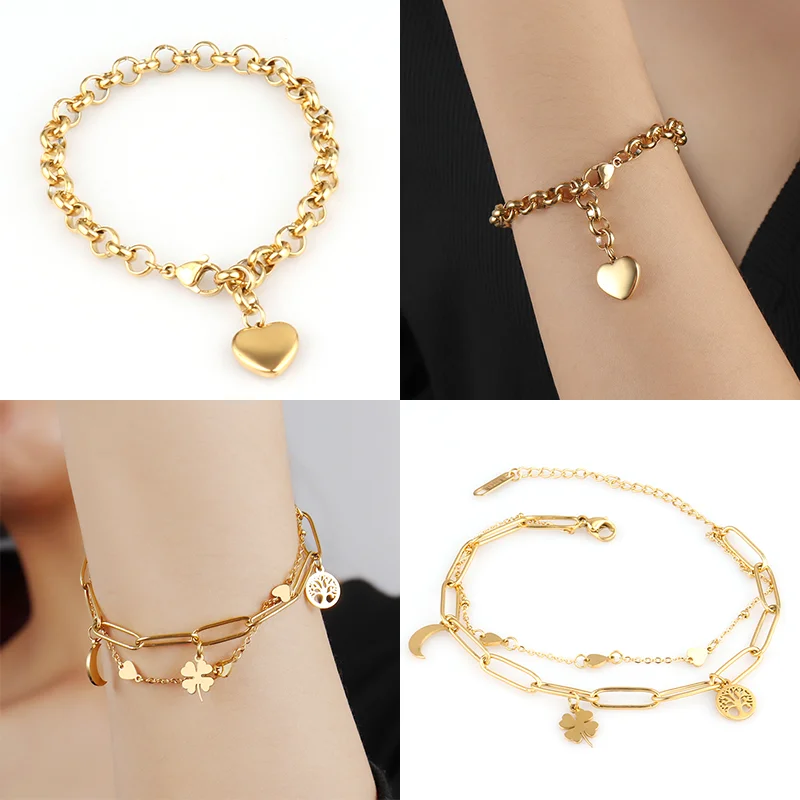 Stainless Steel Bracelet For Women Double Layer Chain Bracelet Heart Pendant Bracelets Bohemian Lock Bracelet Jewelry Gift