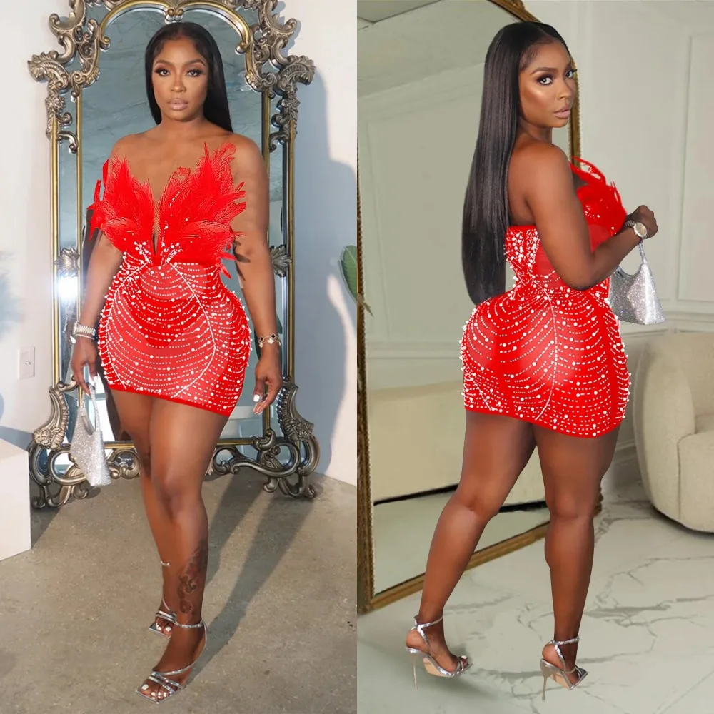 Women's Sexy Feather Diamond Mini Dress, Nightclub Style Bra, Tight Party Dress, Autumn Fashion, 2024
