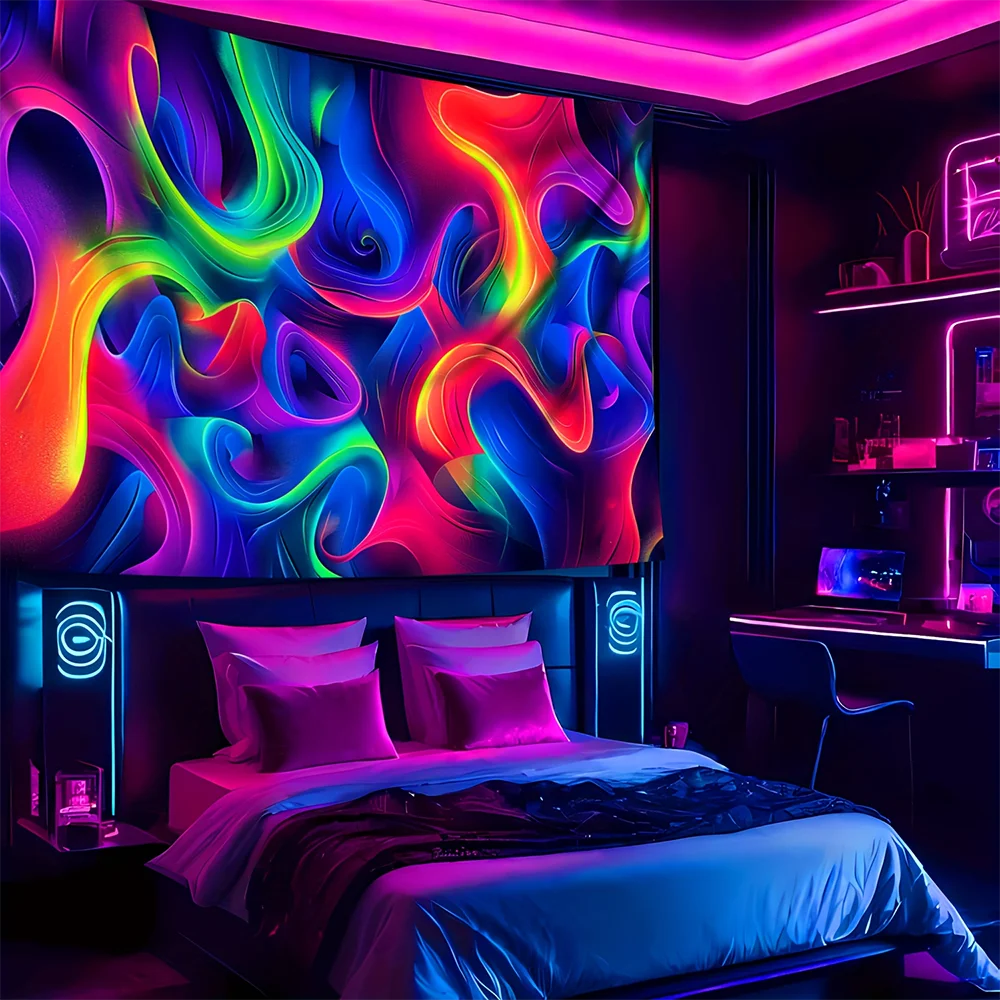 1pc  Neon Rainbow Swirl Abstract Tapestry, Trippy Blacklight Reactive Wall Hanging for Bedroom Living Room Dorm Decor