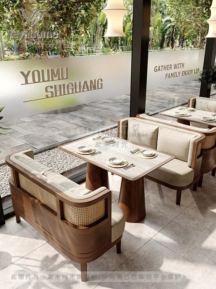 Customized theme restaurant wall booth sofa Thai restaurant solid wood rattan booth tea restaurant booth table and chairs