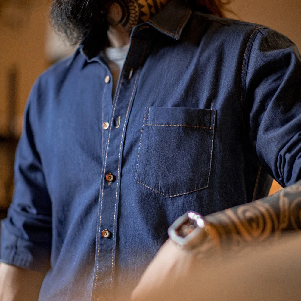 

Maden American Style Casual Slim Fit Long Sleeve Men's Denim Shirt Vintage Single Pocket Workwear Spring Season Breathable