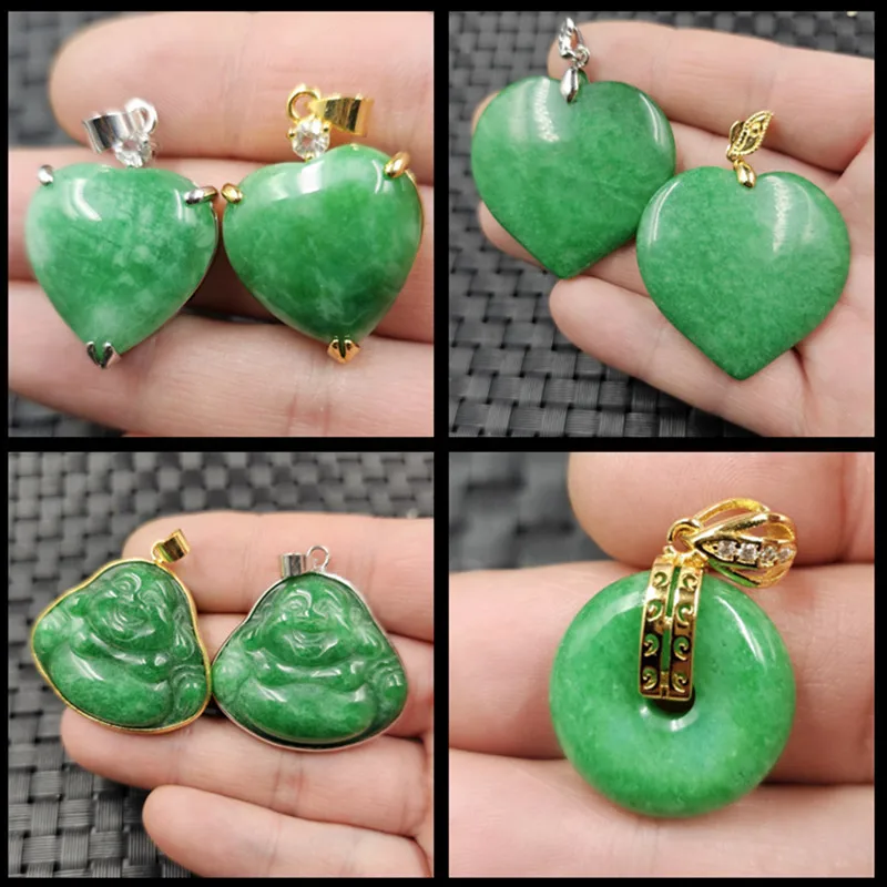 Jade Dried Green Buddha Jade Pendant Emerald Heart-Shaped Pendant Full of Green Jade Buckle Pendant Men's and Women's Jade Penda