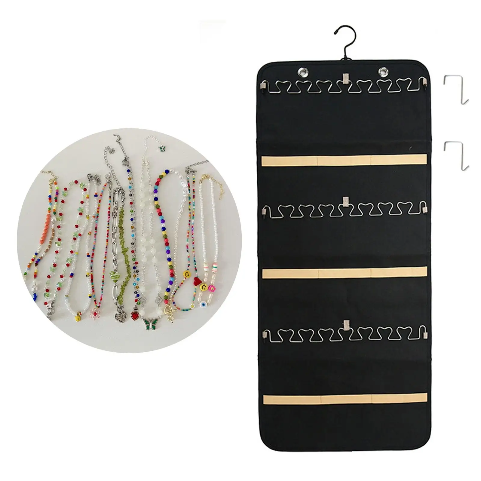 

Non Woven Hanging Jewelry Organizer Roll with Metal Hooks Double Side Holder for Necklaces Earrings Bracelets Storage