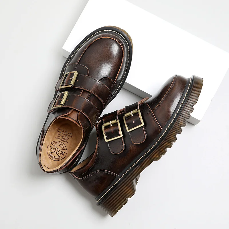

Vintage Style Genuine Leather Double Strap Leather Brogue Flats Shoes for Women Fashion Round Toe Platform Cowhide Oxfords