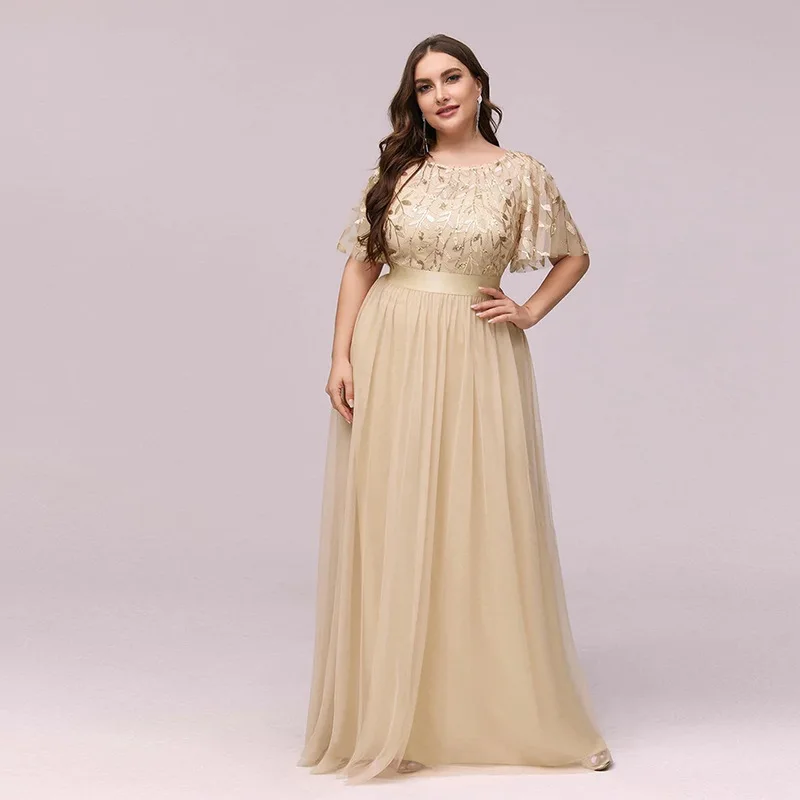 Abito lungo in tulle bordeaux taglie forti da donna con ricamo floreale, maniche corte a volant, cintura in vita, per matrimonio, sera o damigella d'onore