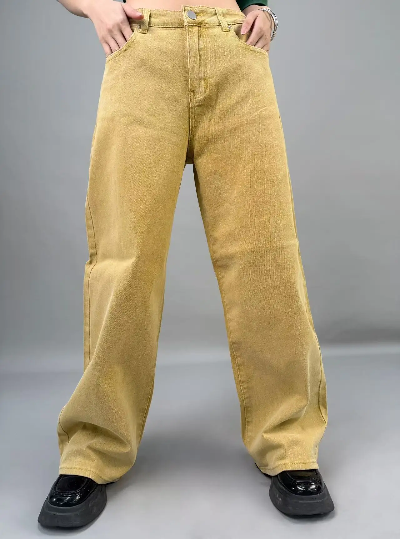 

Retro high street yellow wide leg pants for women in spring and autumn, new high waisted loose fit slimming versatile straight l