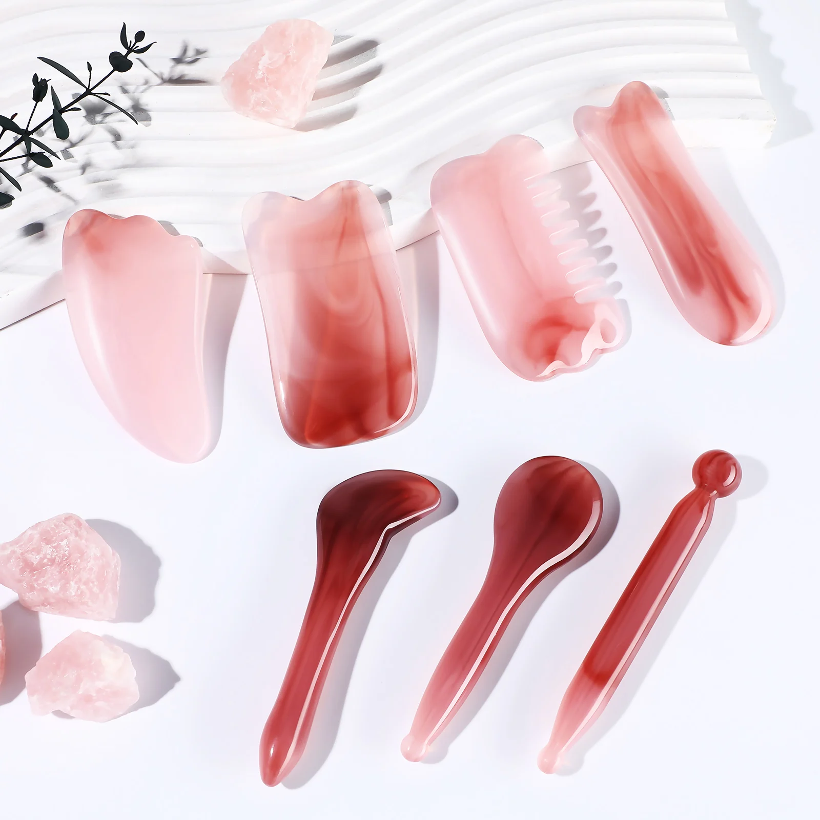 

7 Pieces Gua Tool Set Pink Black Resin Scalp Face Neck Massage Tools Handheld Comb Portable Lightweight Storage Bag