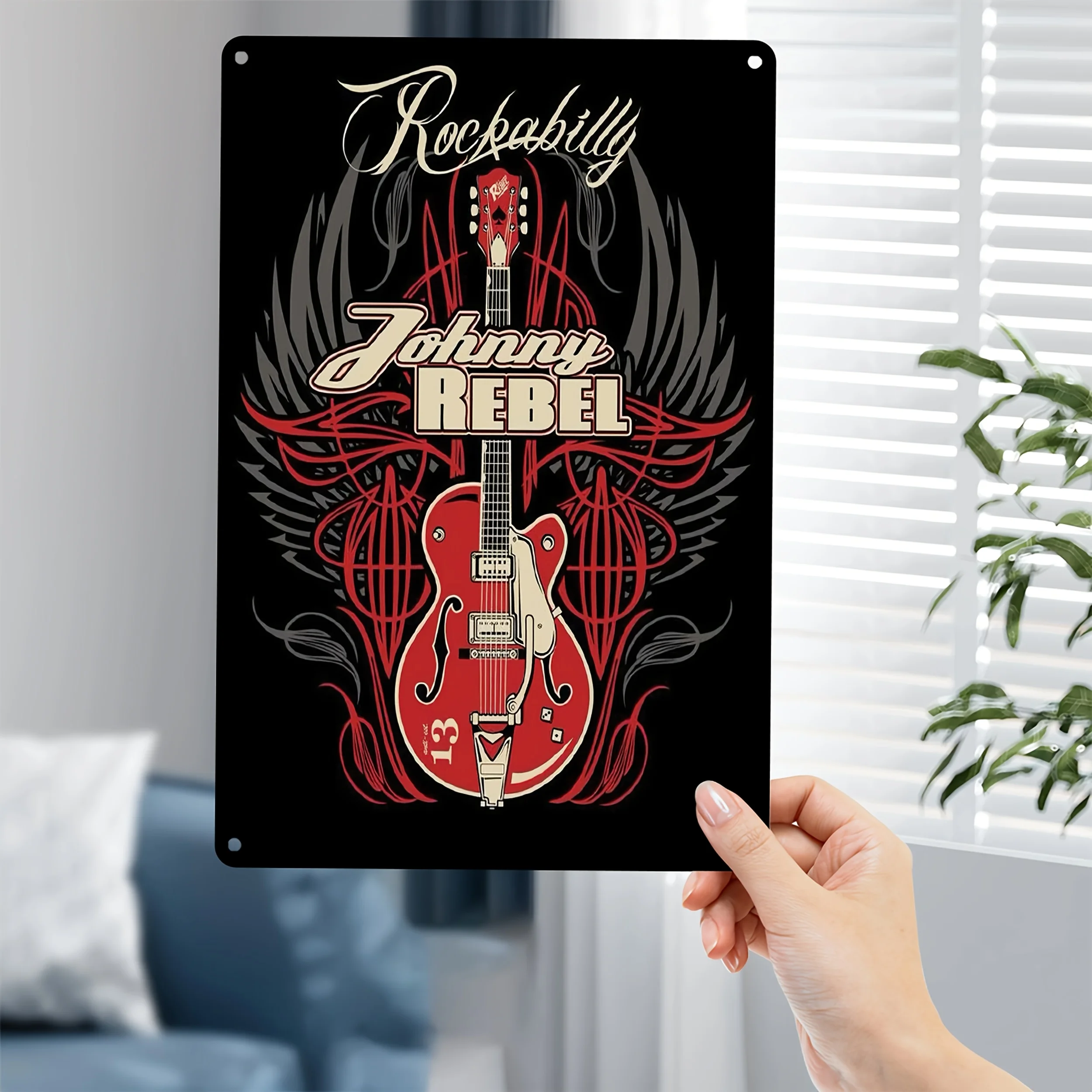 Rockabilly Johnny Rebel Guitar Wings Metal Wall Art - Vintage Rockabilly Music Decor, Weather-Resistant Iron Plaque with Pre-D