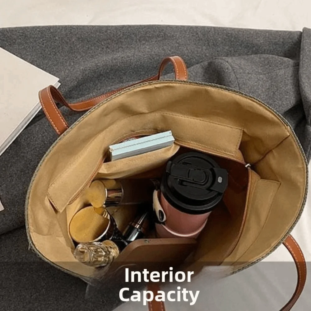 

Large Capacity Stripe Woven Tote Bag Polyester Lightweight Shopping Straw Bag Underarm Pouch Leather Summer Beach Handbag Daily