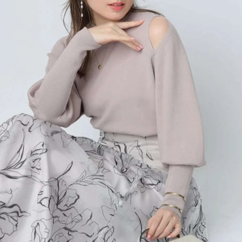 Feminino Off Shoulder Long Sleeve Sweater Women 2024 Spring New Y2k Clothes O Neck Knitwears Japanese Elegant Pullover Tops