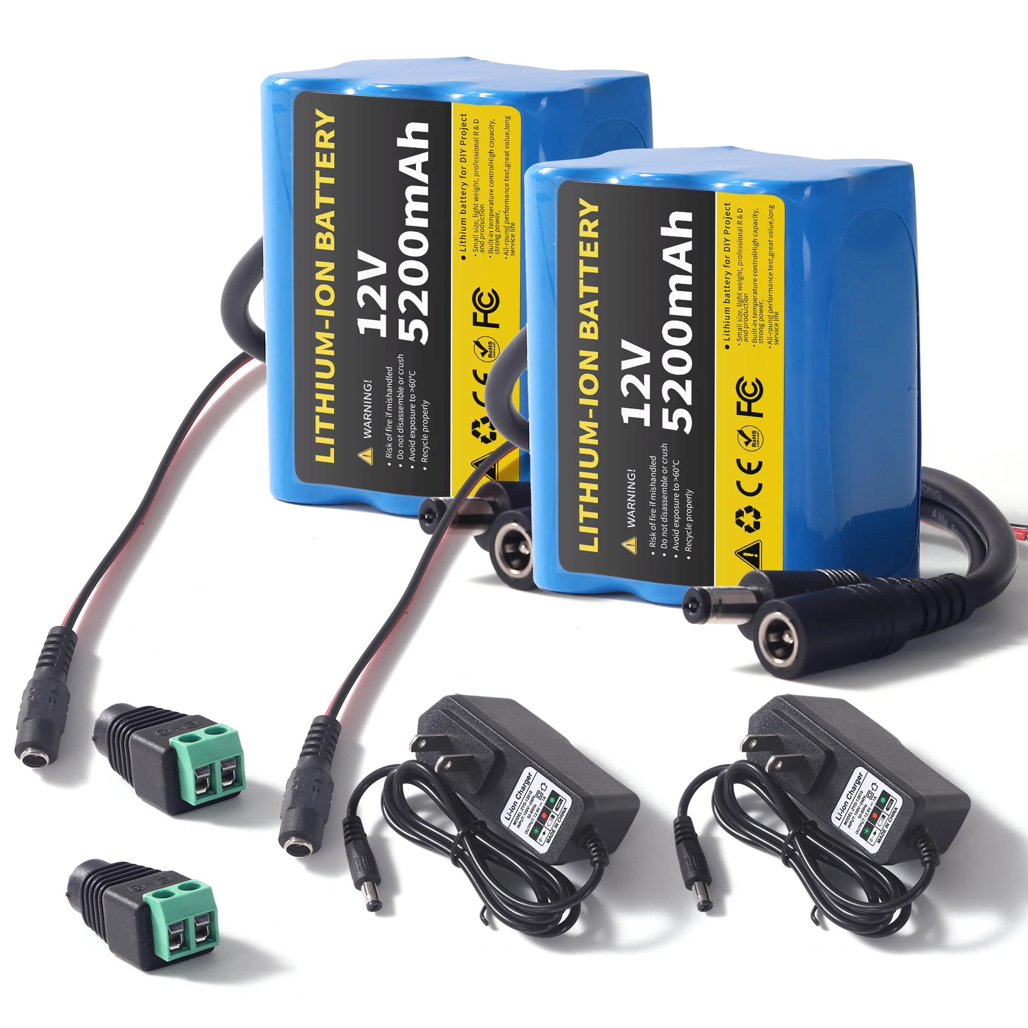 12V 5200mAh Rechargeable Li-ion Battery Pack with 12.6V 1A Charger, 5.2Ah 3S Battery for LED Lights, CCTV Camera, Speakers, Portable Electronics & DIY Projects