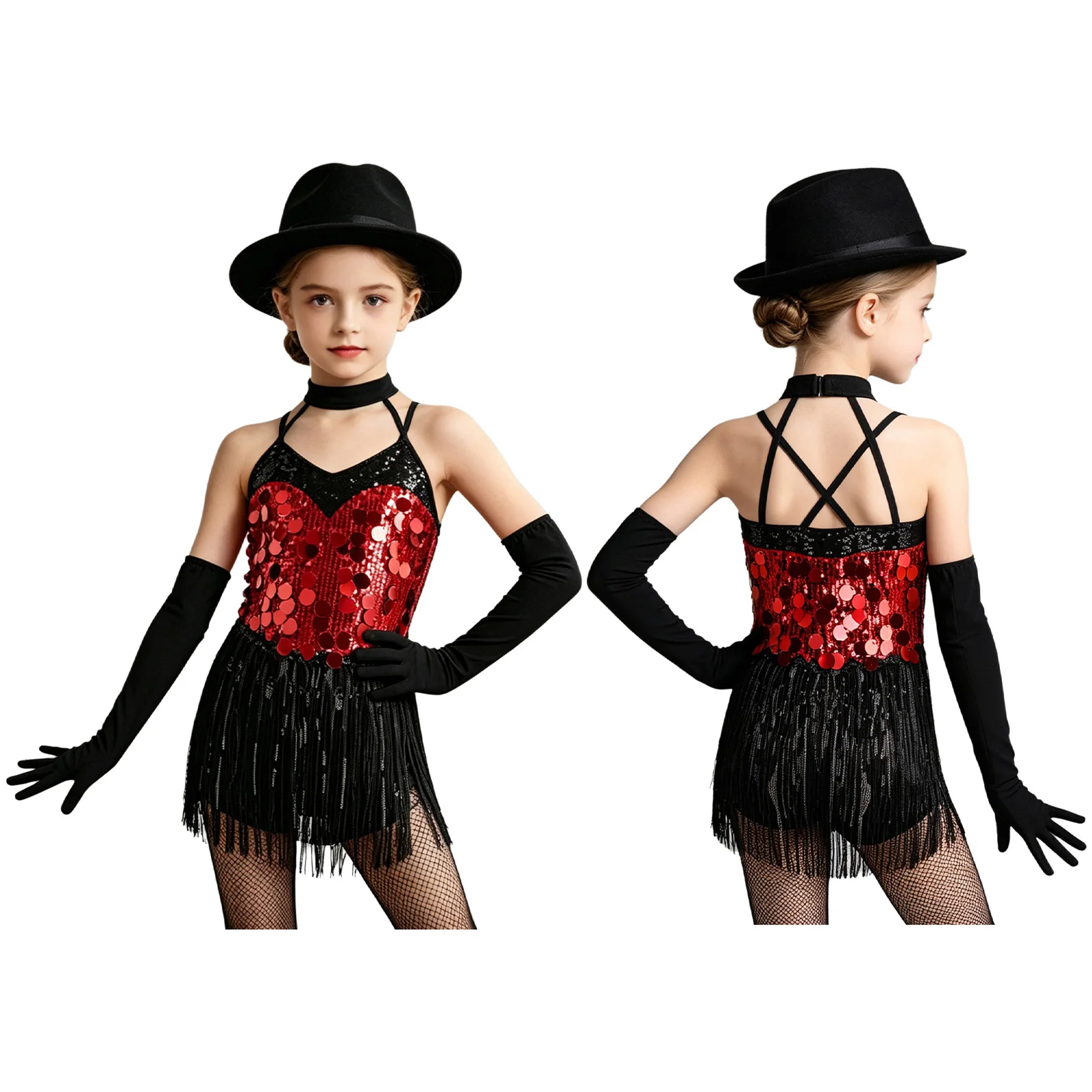 

Children Modern Rumba Salsa Latin Dance Costume Girls Sequins Stage Performance Latin Dress and Gloves Set Lyrical Dance Wear