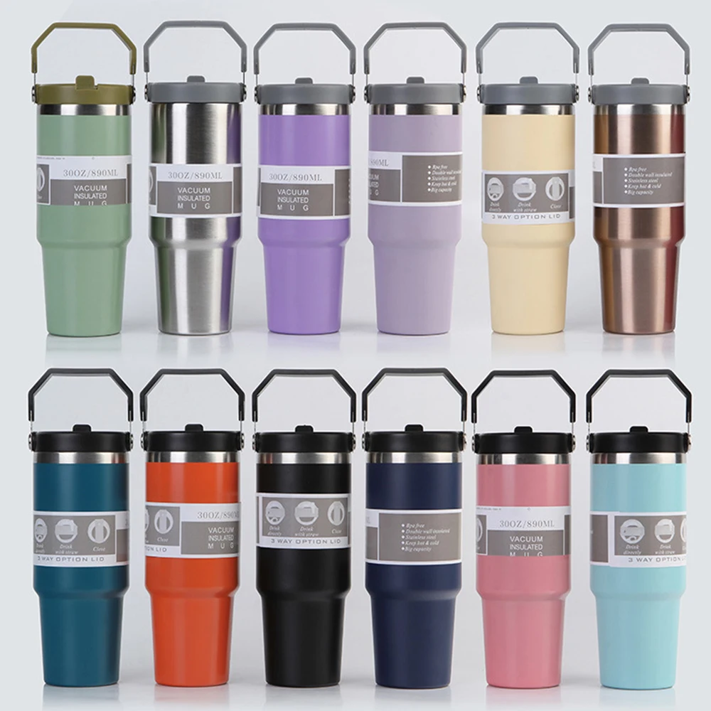 

Portable Car Cup Stainless Steel Thermos Cup with Straw & Handle Double Walled Travel Sports Water Bottle Coffee Vacuum Flask