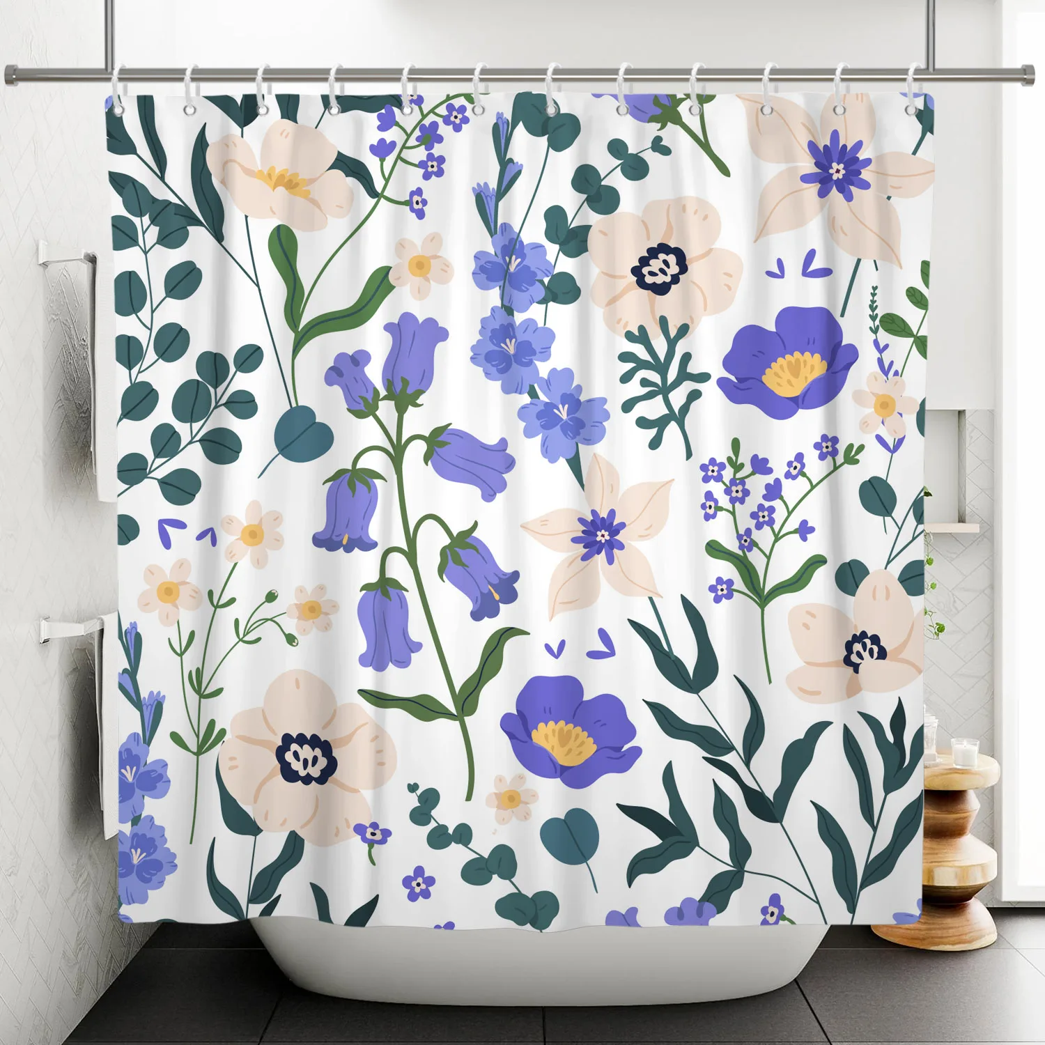 Pastoral Style Shower Curtain with 12 Hooks Fresh Floral Fragments Butterflies Waterproof Polyester Bathtub Bathroom Curtains