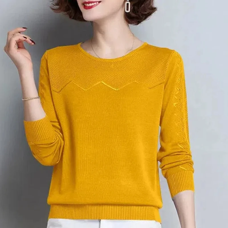 Women\'s Clothing Round Neck Solid Color Pullover Lantern Long Sleeve Sweater Knitted Casual Elegant Hook Flower Hollow Tops