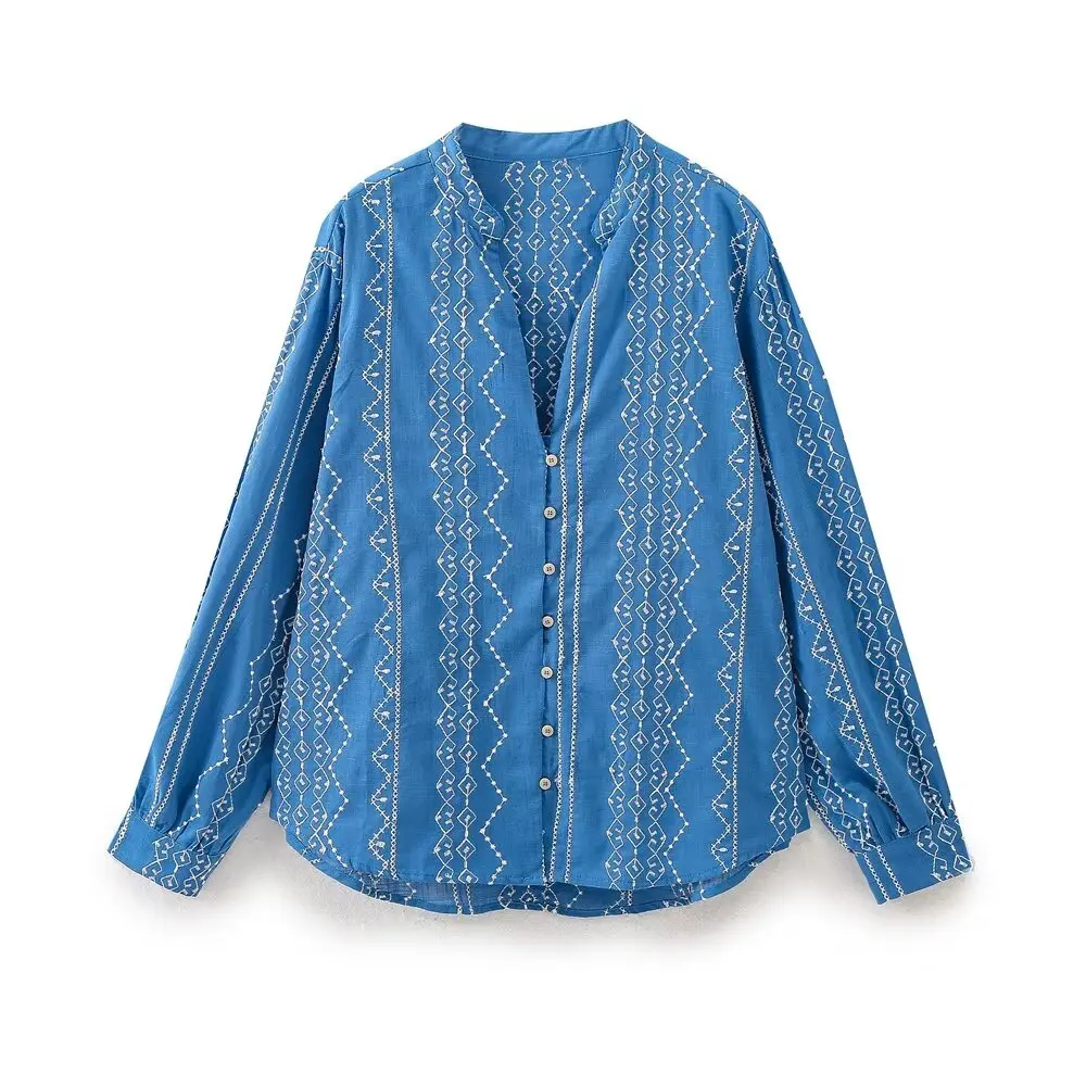 Tangada Women Blue Embroidery 85% Cotton Shirt  Long Sleeve 2024 Fashion Female Blouse Tops 6H0250