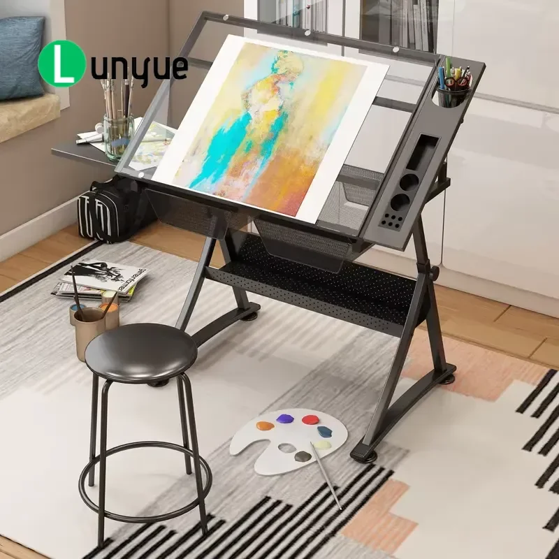 Modern Drafting Art Glass Table with Metal Frame Foldable Design for School Workshop Hotel Use