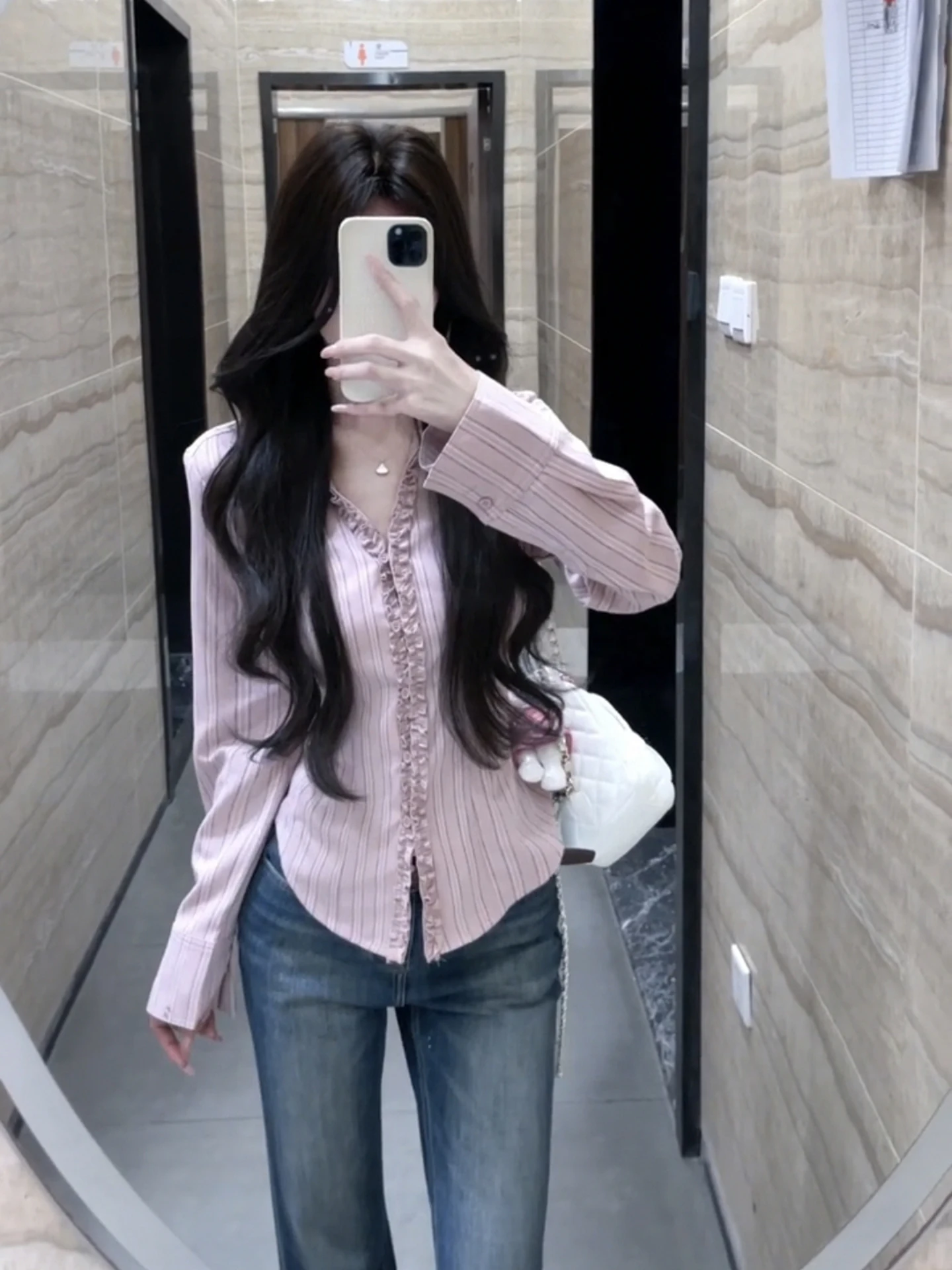 

Unique Pink Polka Dot Striped Shirt Women's Small Size Waist Cinching Design Belted Long Sleeve Top Sweet Style Regular Sleeve
