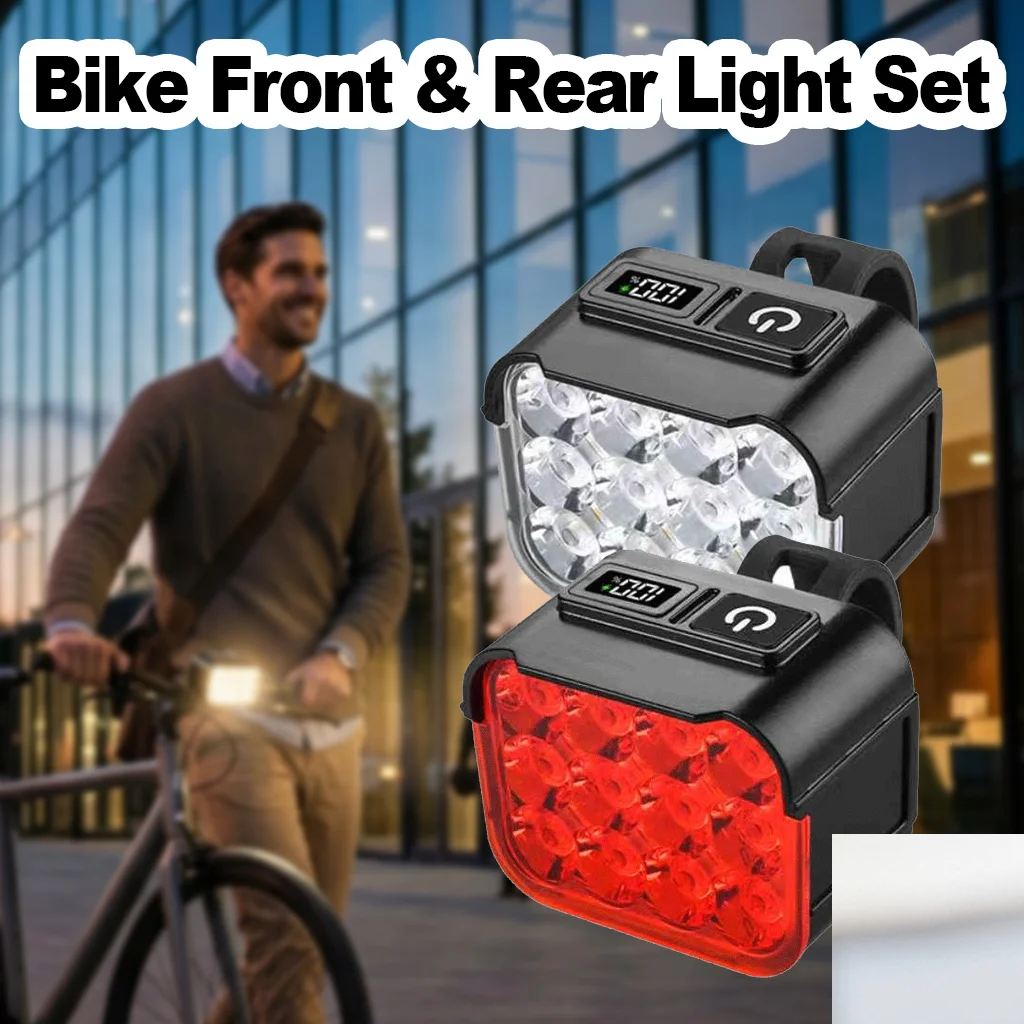 Bike Lights Set Night LED Rechargeable Bicycle Front Headlight Rear Tail Light Display Safety Reflectors Mountain Road Cycling