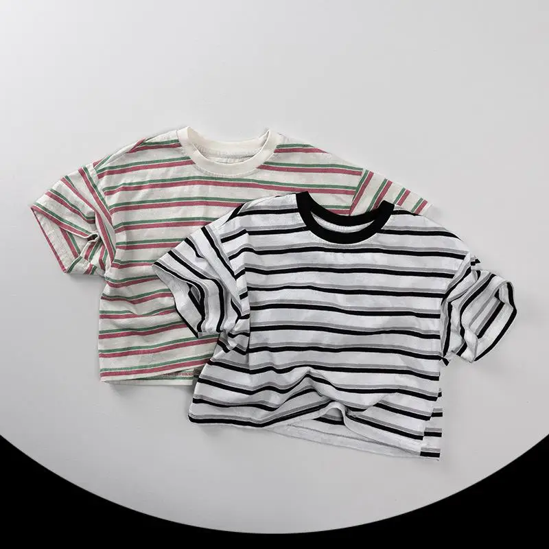 

2025 Summer New Children Short Sleeve T Shirts Cotton Boys Loose Striped Tee Girls Versatile Casual Tops Kids Breathable Clothes