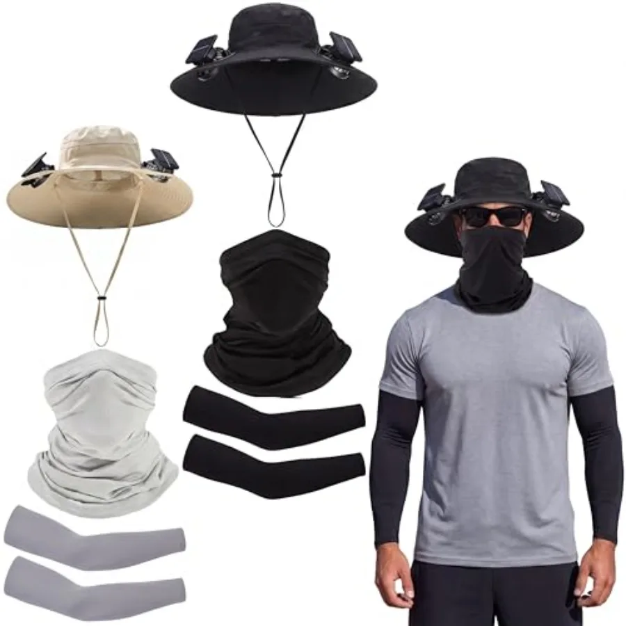 

Solar-powered wide brim hat set for fishing and hiking: 2 fans, UV-resistant fabric, black, lightweight ventilated