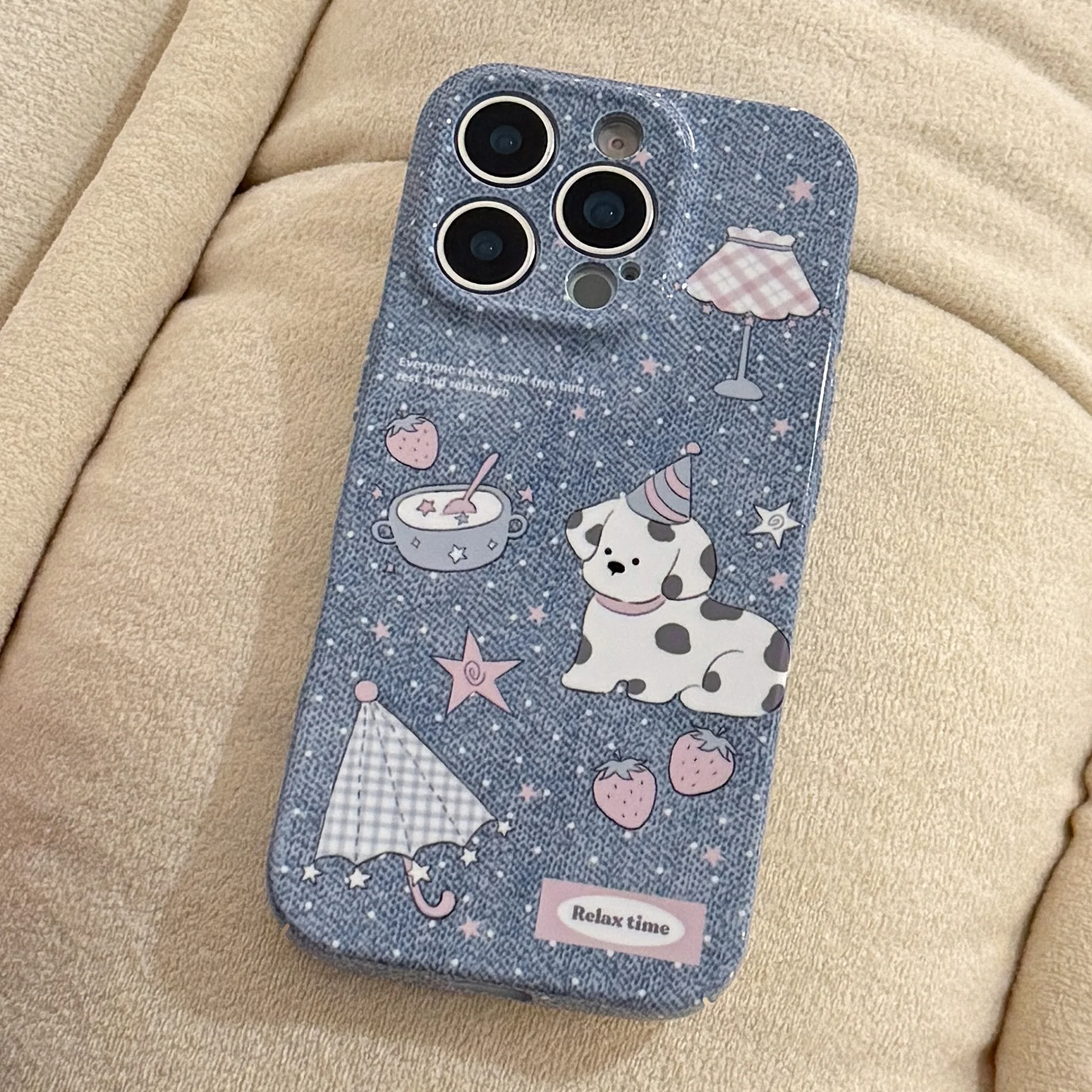Koreanische Denim Muster Cartoon Welpen Telefon Fall Für iPhone 17 Air 16 15 14 13 12 11 Pro Max XS XR X 7 8 Plus Stoßfest Abdeckung ﻿