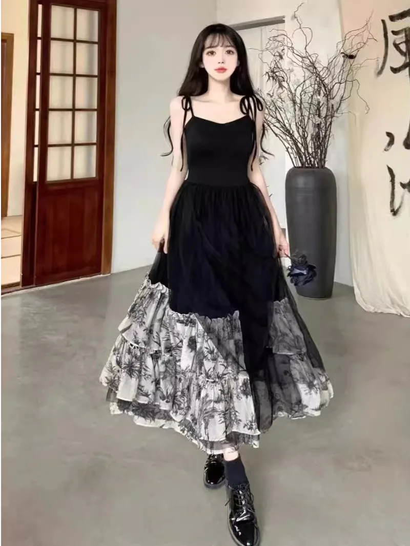 Fashionable stylish summer black lace up floral sleeveless suspender U-neck dress 2024 new French new Chinese long dress HDCB