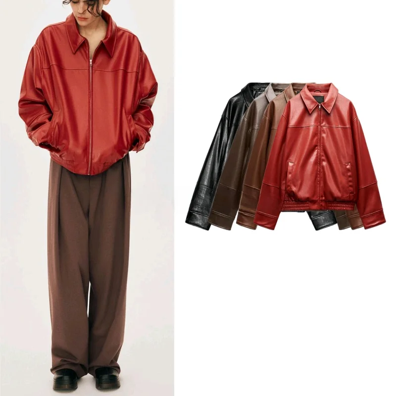 Herfst Dames Motor Sle PU Leer Pilot Jaet Bovenkleding Loose Fit Lange Sve Ritssluiting Faionable Pendelen