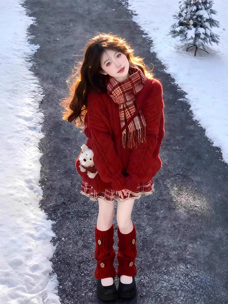

Korean Style Christmas Red Knitted Plaid Cake Skirt Set Women's Winter Two-Piece Set Lazy Atmosphere Clothing Ensemble