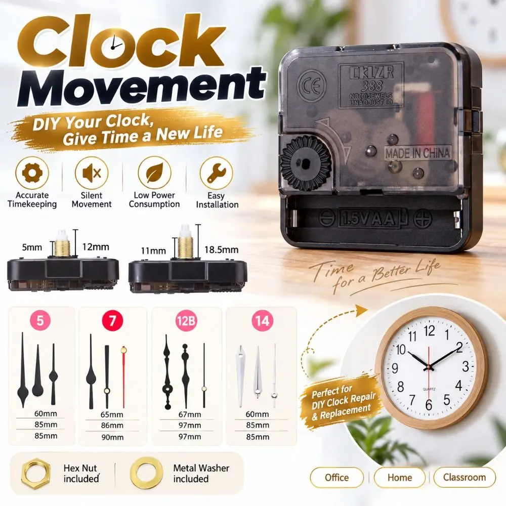 Silent Sweep Classic Quartz Clock Movement Battery Operated Quartz Powered Clock Hands Set Decorative Hands