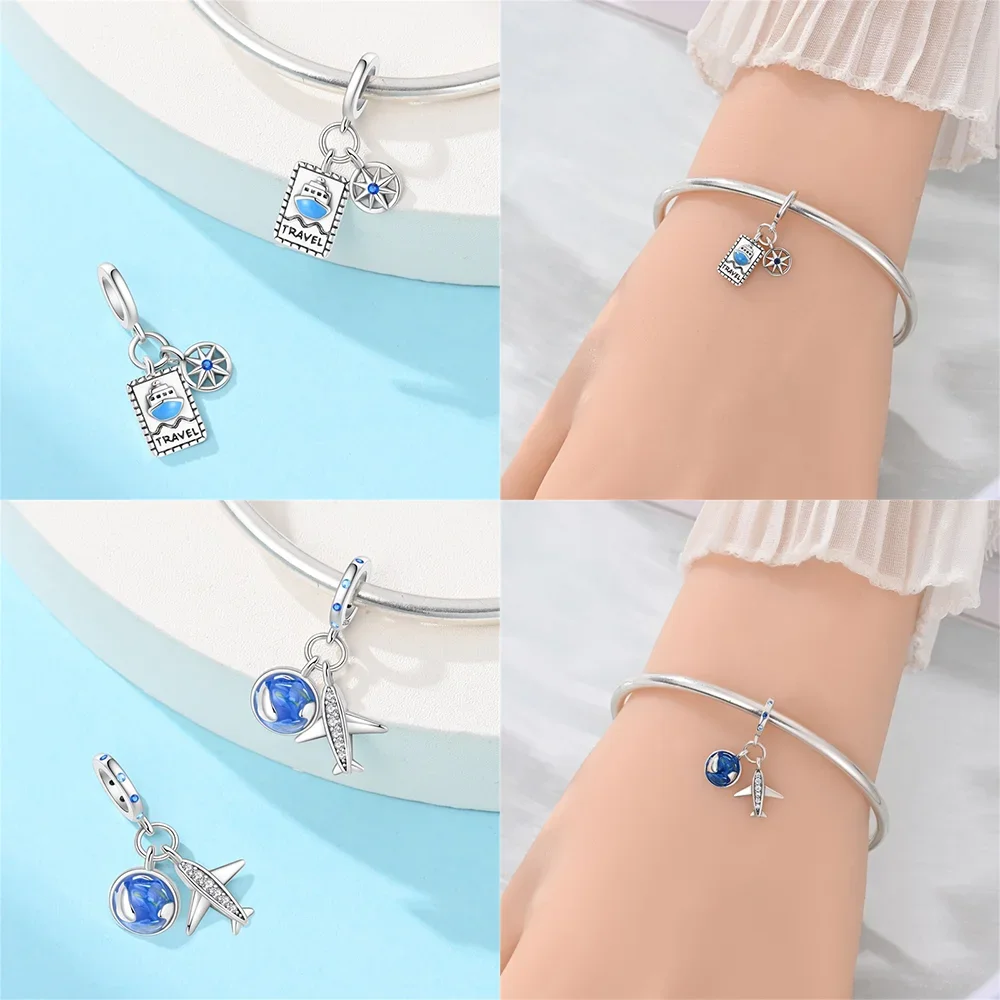 

New 925 Silver Charms Blue Windmill Airplane Suitcase Diary Dream Catcher Beads Pendant Fit Original Bracelet Diy Women Jewelry