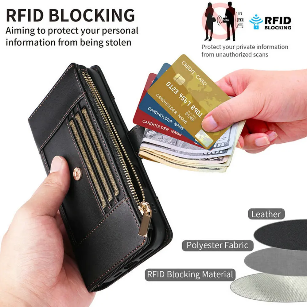 Custodia per telefono in pelle con cerniera per Samsung Galaxy A56 A36 A26 A16 A17 5G A15 A35 A55 Portafoglio per carte Solt con cinturino Cover