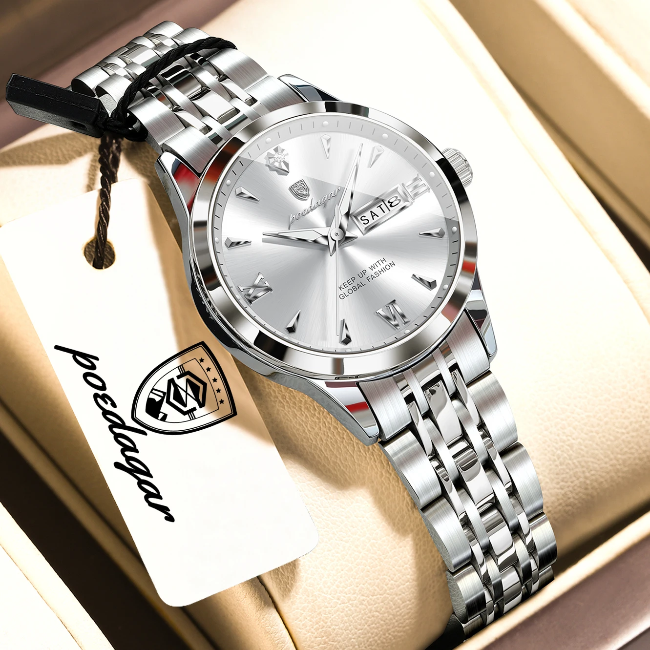 POEDAGAR Casual Woman Clock Date Week Waterproof Luminous Ladies Wristwatch Stainless Steel Fashion Women's Watches Reloj