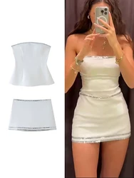 TRAF Women Sexy Diamonds 2 Piece Sets 2024 New Sleeveless Top + High Waist Mini Skirts Summer Casual High Street Suit