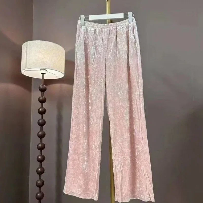 Trousers Korean Style Fashionable and Versatile Wide-leg Pants New Style Gold Velvet Women's Draped Slim Diamond Casual Loose