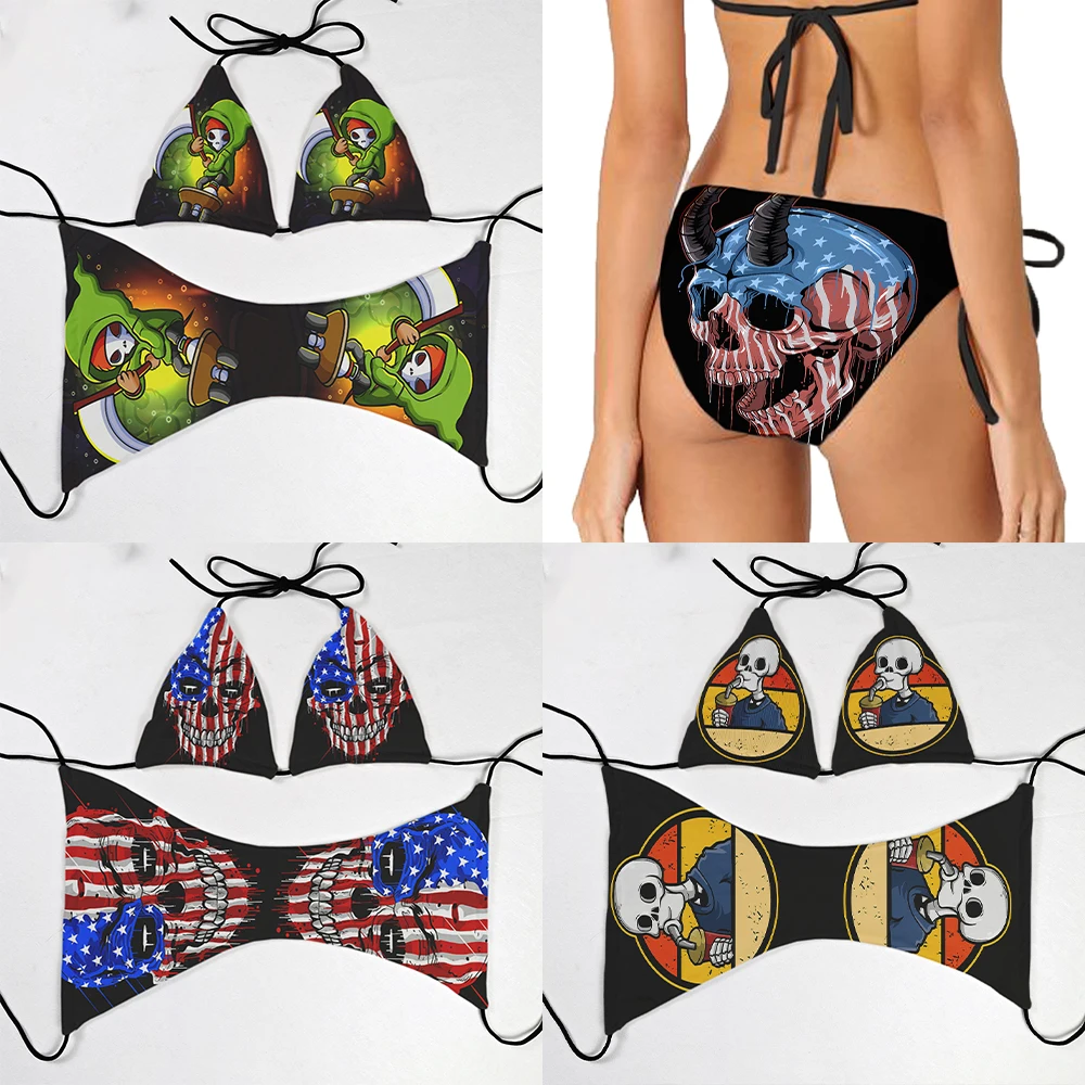 

Trendy ladies printed swimsuit skull pattern mid-waist sexy bikini suit beach surfing vacation halloween cosplay
