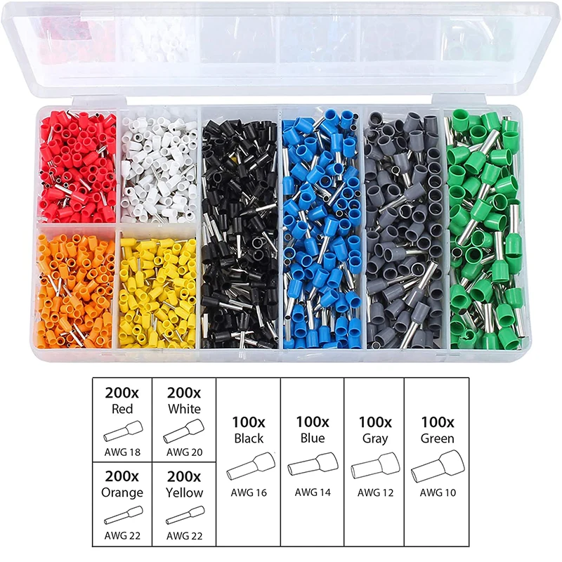 1200PCS Wire Ferrules Terminal Wire Crimp Tube Connectors Sleeves Tube-Type VE Terminal Kit Waterproof Seal (22-10AWG 0.25-6mm2)